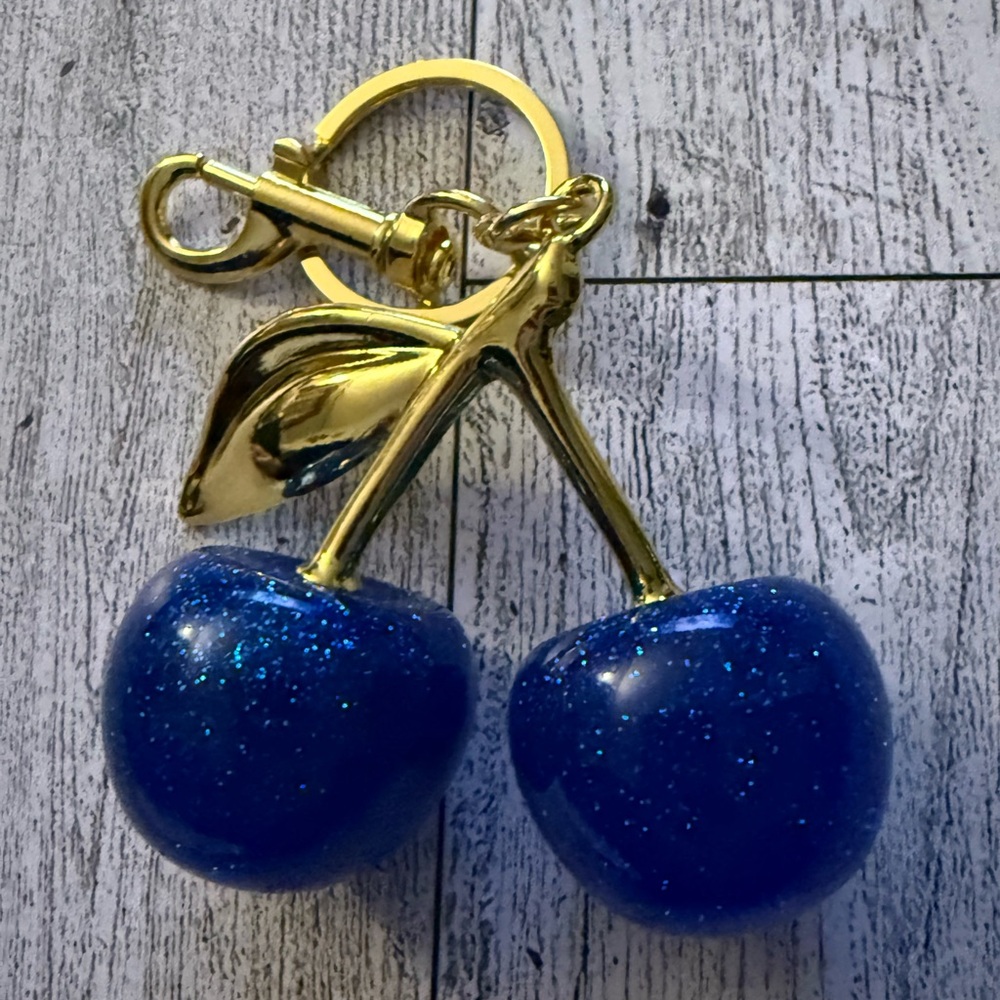 Gold and Blue Sparkle Cherry Keychain Bag Charm